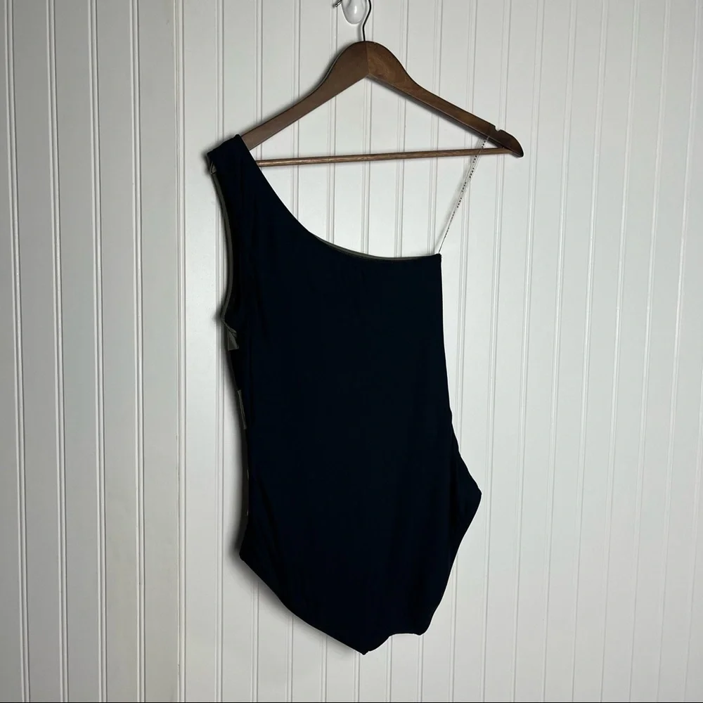 DKNY Olive Green and Black Striped One-Shoulder One-Piece Swimsuit - Picture 5 of 6